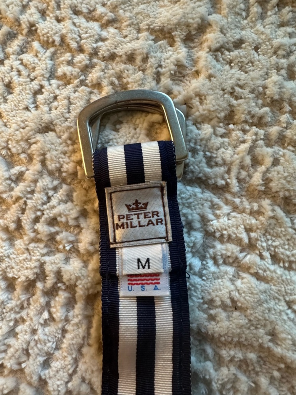 Peter Millar Ribbon Web Belt Navy White Stripe Men’s Size M Golf Preppy